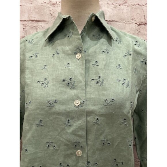Lauren Ralph Lauren Green Button Up Shirt Linen Blouse Eyelet Scalloped Hem S - Picture 2 of 4